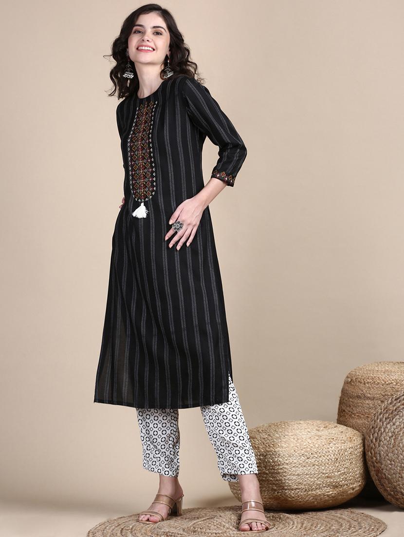 women stripes round neck kurta pant set - 21387684 - Standard Image - 4