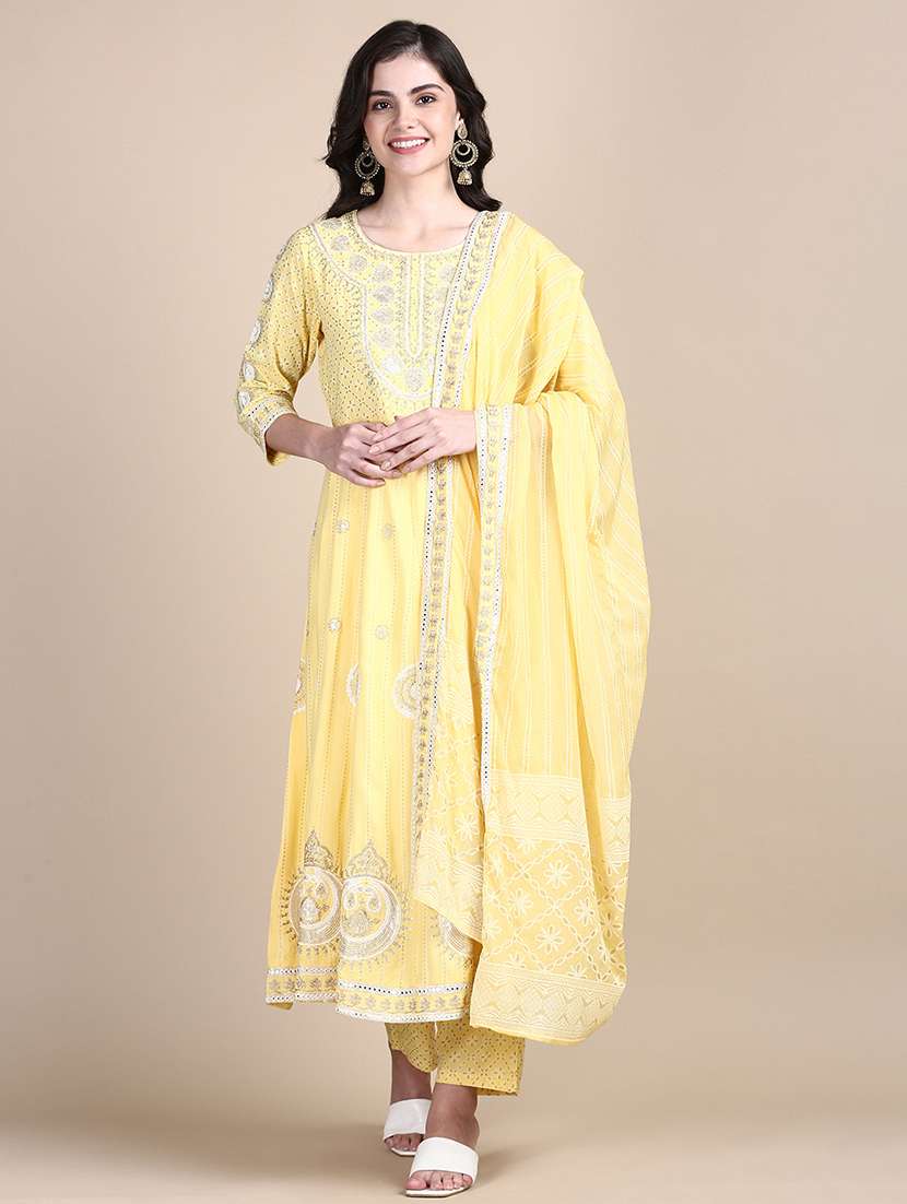 women yellow printed kurta pant set with dupatta