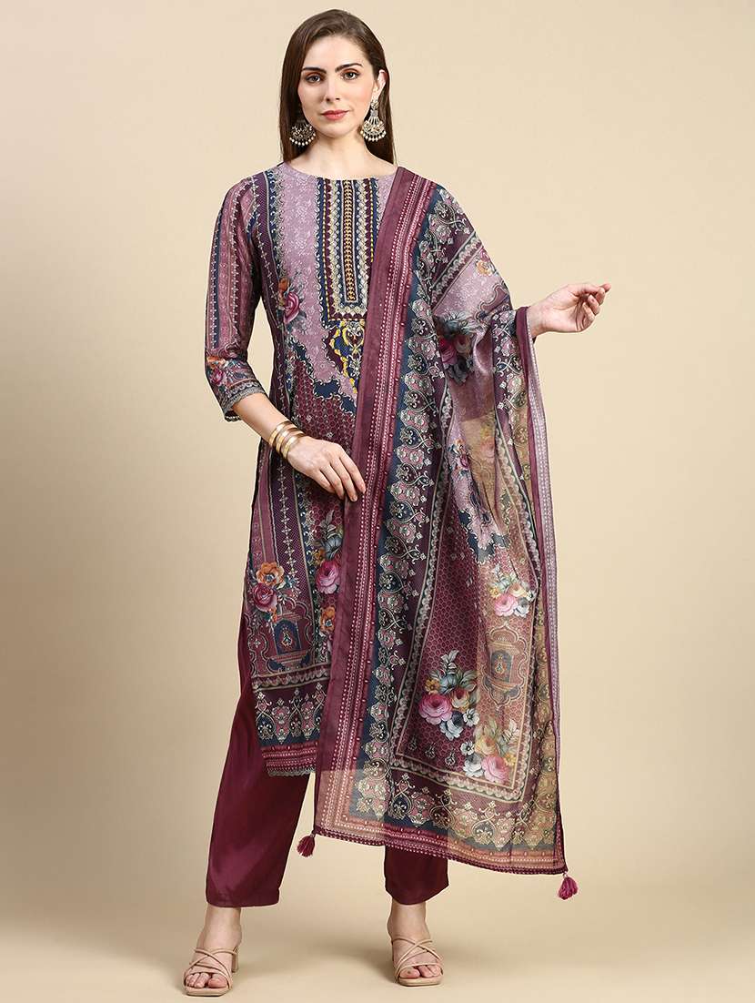 women printed round neck kurta pant set with dupatta