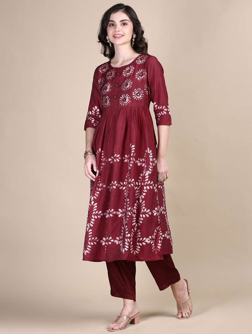 women maroon batik round neck kurta pant set - 21387702 -  Standard Image - 1