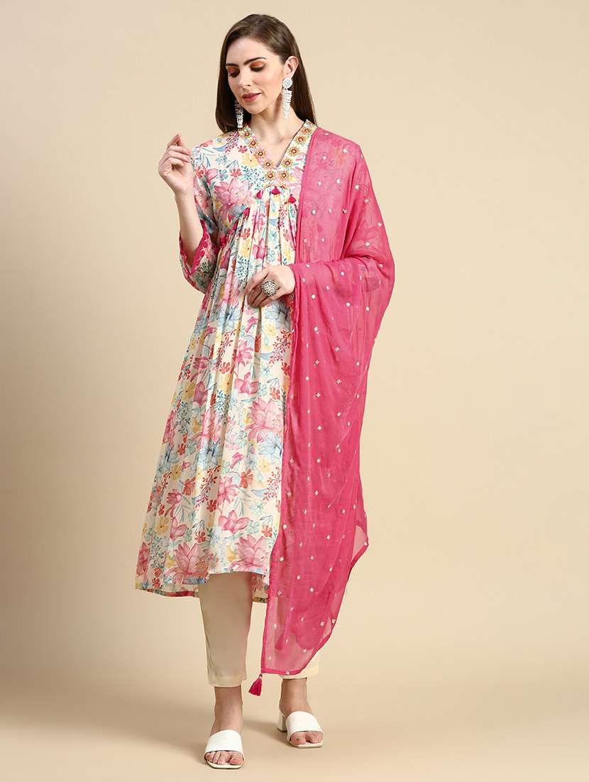 women cream floral kurta pant set with dupatta