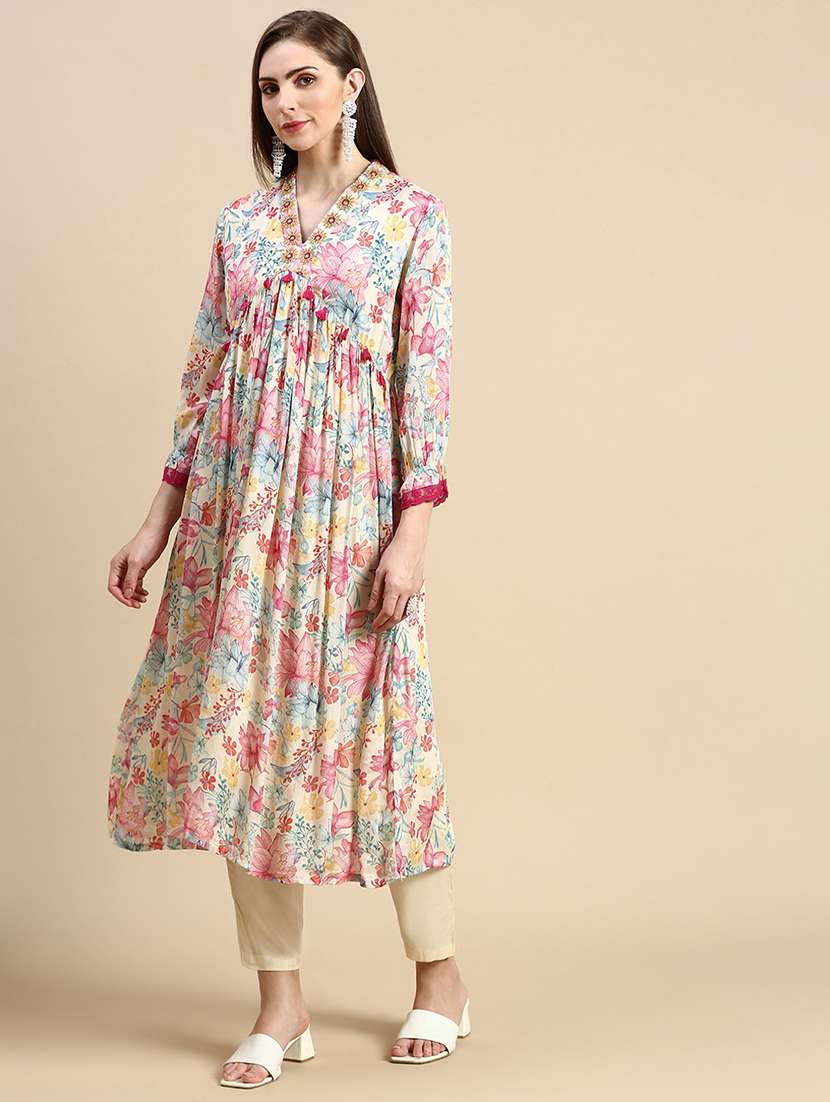 women cream floral kurta pant set with dupatta - 21387704 -  Standard Image - 1