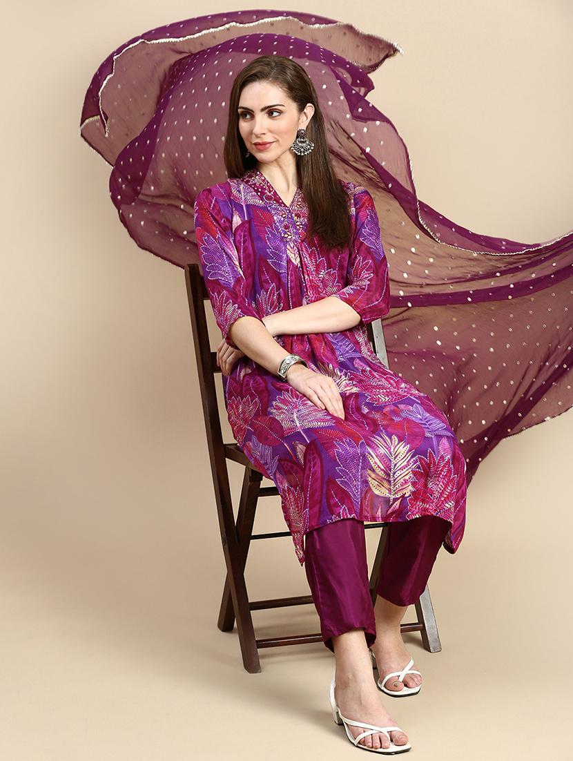 women purple printed kurta pant set with dupatta - 21387719 - Standard Image - 4