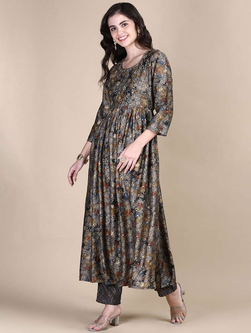 women grey printed round neck kurta pant set - 21387721 -  Standard Image - 1