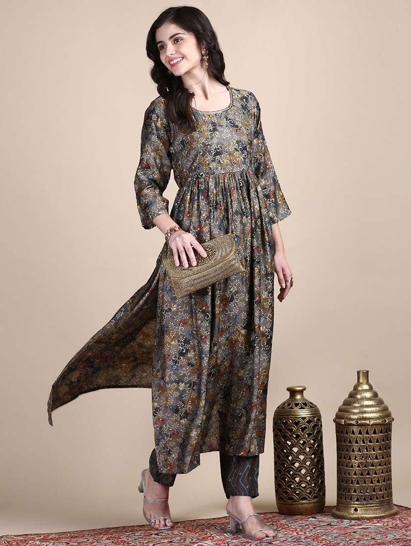 women grey printed round neck kurta pant set - 21387721 -  Standard Image - 4