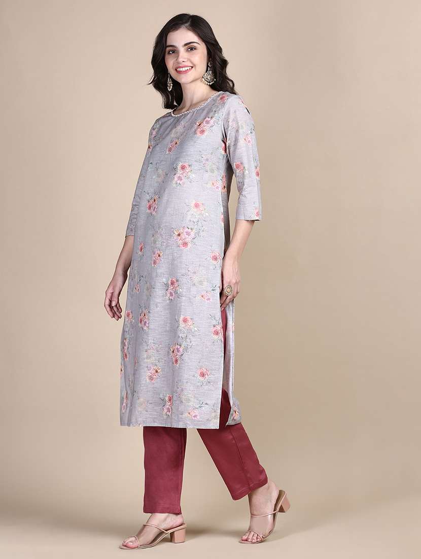 women grey floral printed kurta pant set - 21387725 -  Standard Image - 1