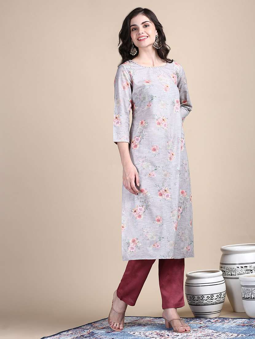 women grey floral printed kurta pant set - 21387725 -  Standard Image - 4