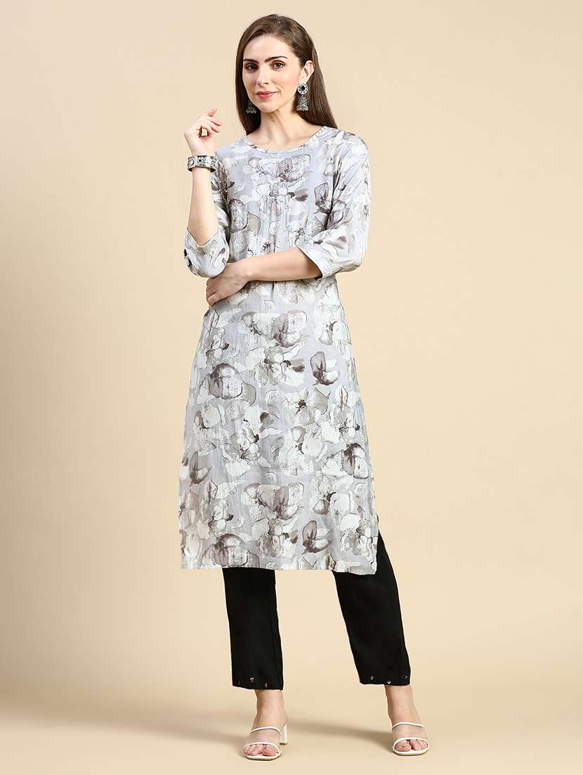 women grey round neck straight kurta