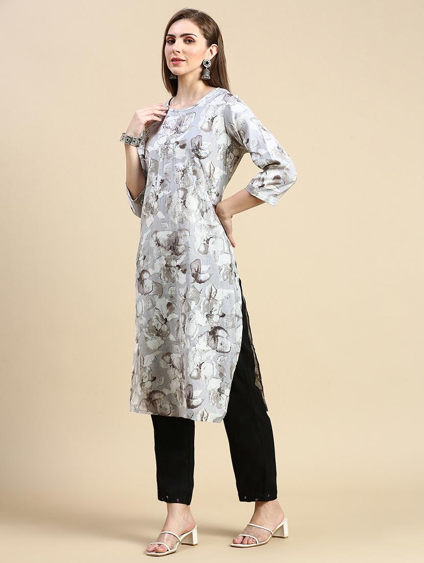 women grey round neck straight kurta - 21387740 -  Standard Image - 1