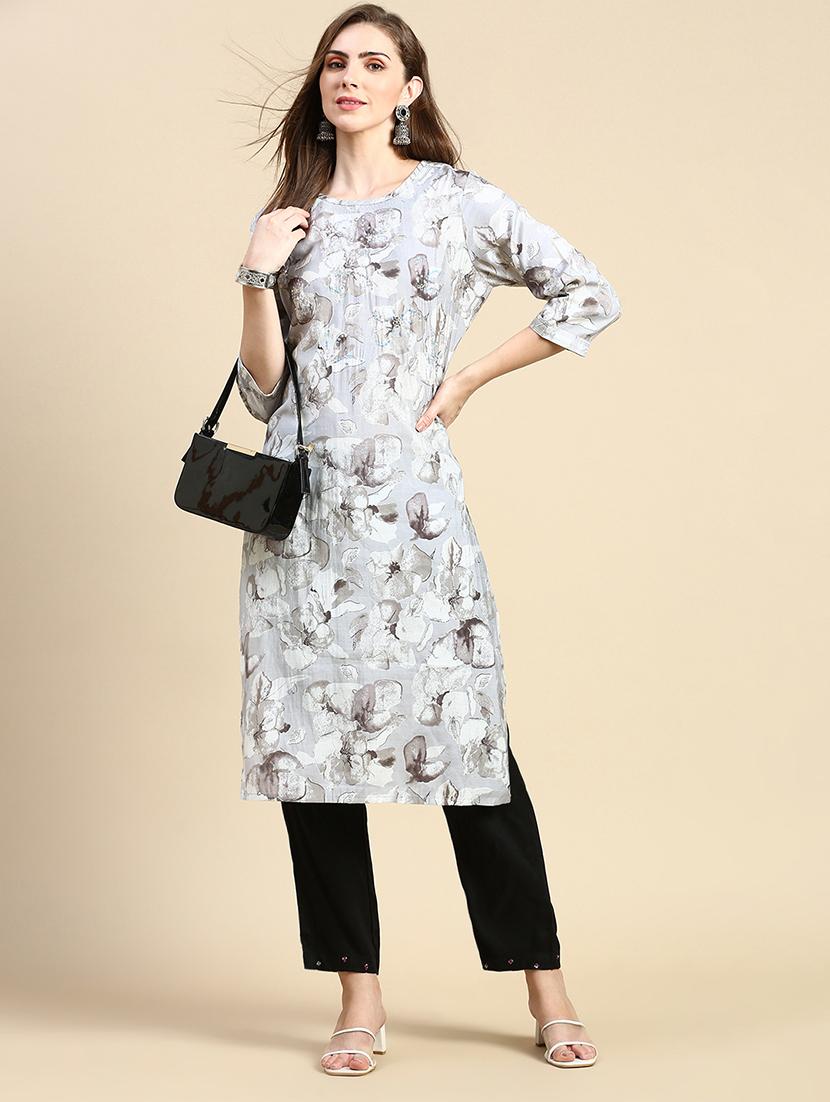 women grey round neck straight kurta - 21387740 - Standard Image - 4