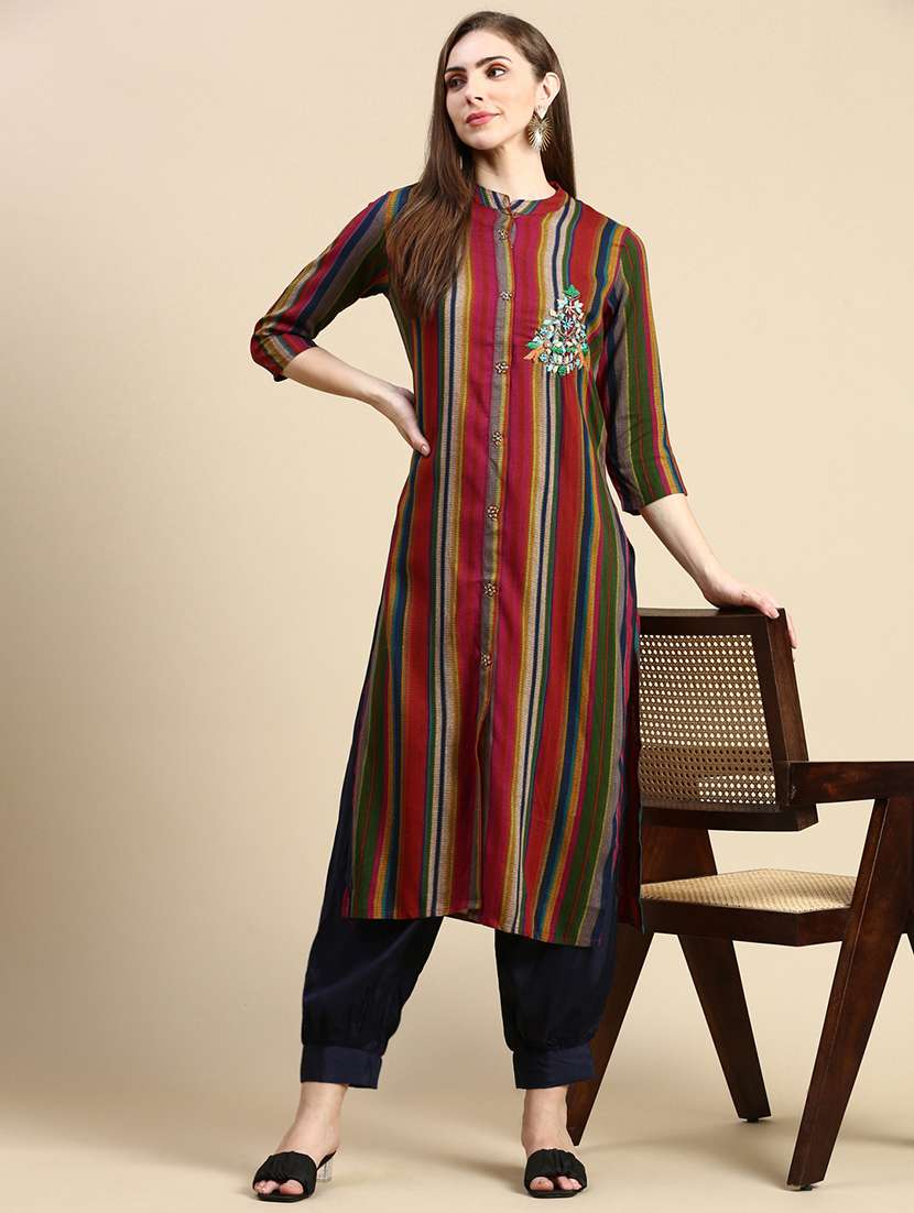 women multi color stripes printed straight kurta - 21387747 -  Standard Image - 4