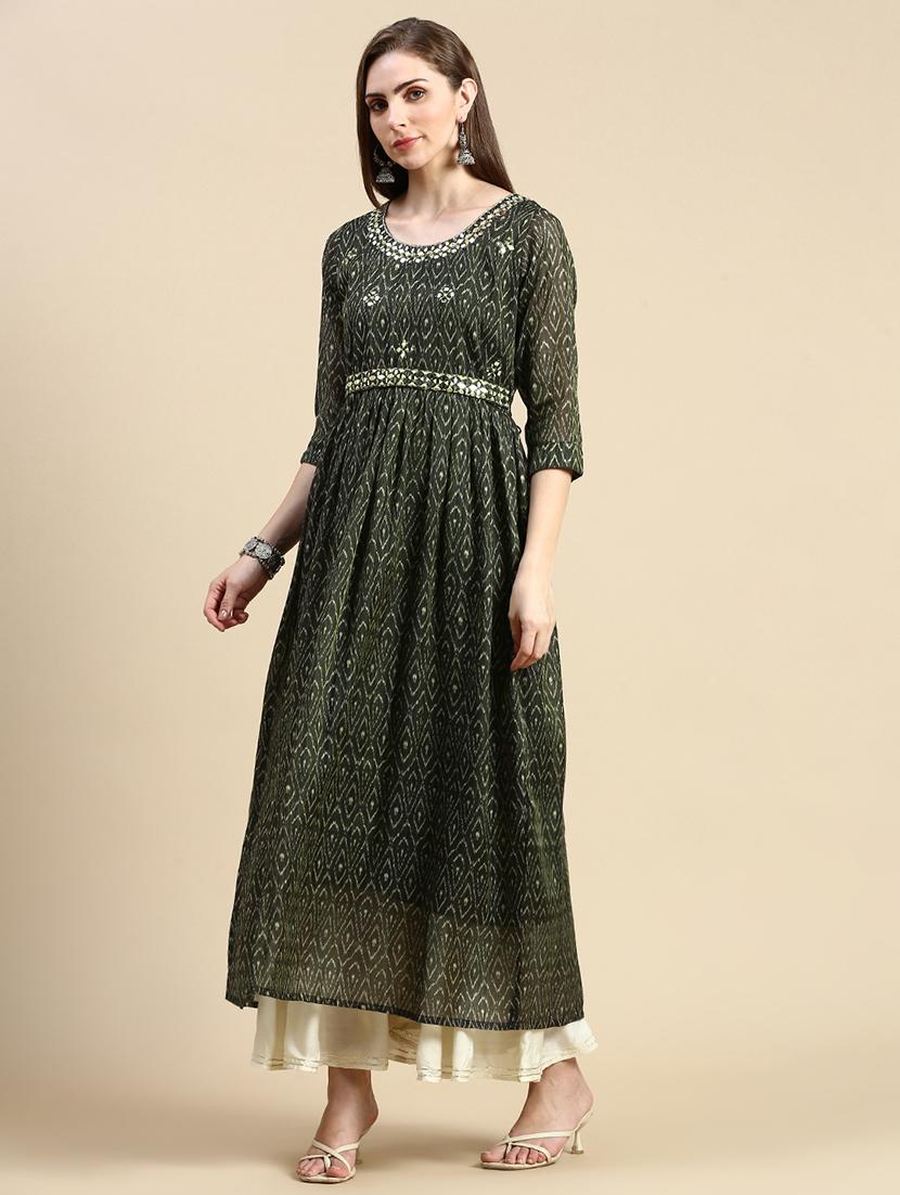 women three quarter sleeve flared kurta - 21387757 - Standard Image - 1