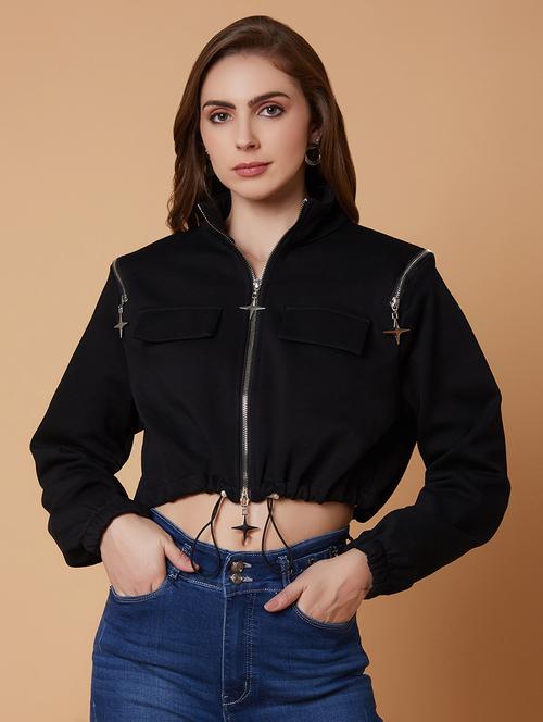 women black cotton regular jacket - 21387775 -  Standard Image - 0