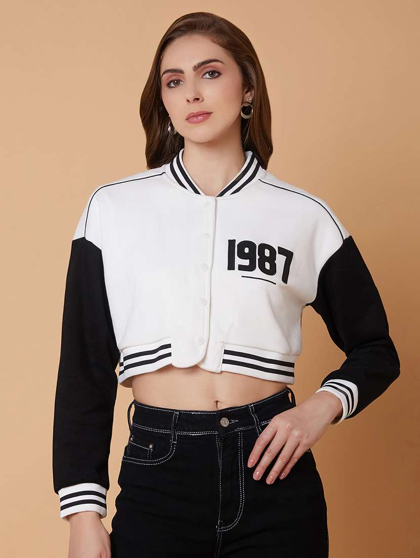 white cotton varsity crop jacket 