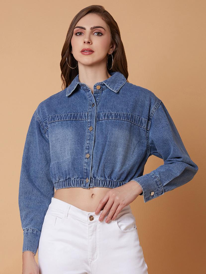 blue solid denim crop jacket
