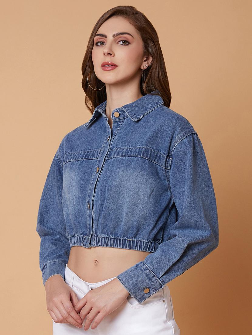 blue solid denim crop jacket - 21387779 - Standard Image - 1