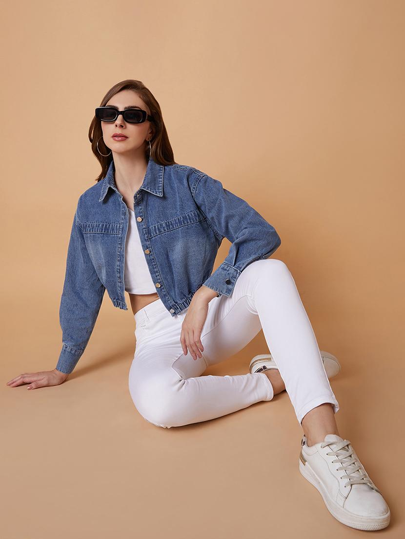 blue solid denim crop jacket - 21387779 - Standard Image - 4