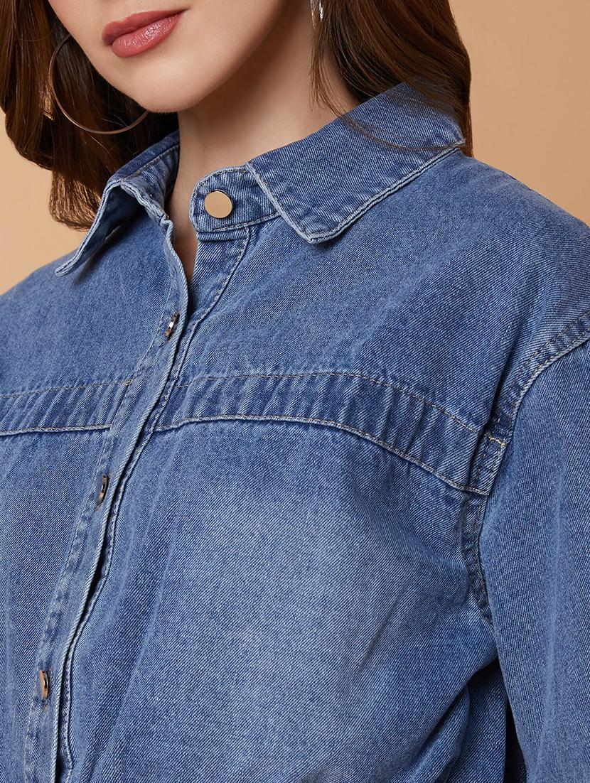blue solid denim crop jacket - 21387779 - Standard Image - 6