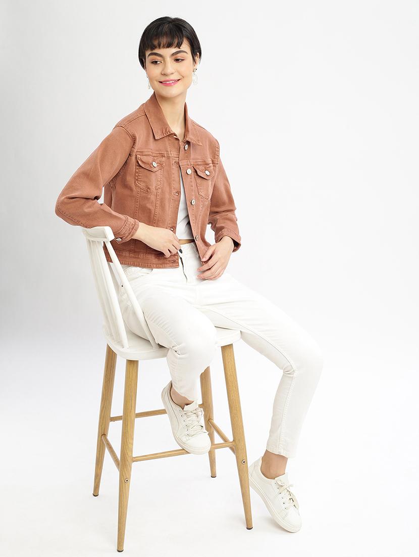 women long sleeve solid denim jacket - 21387788 - Standard Image - 4