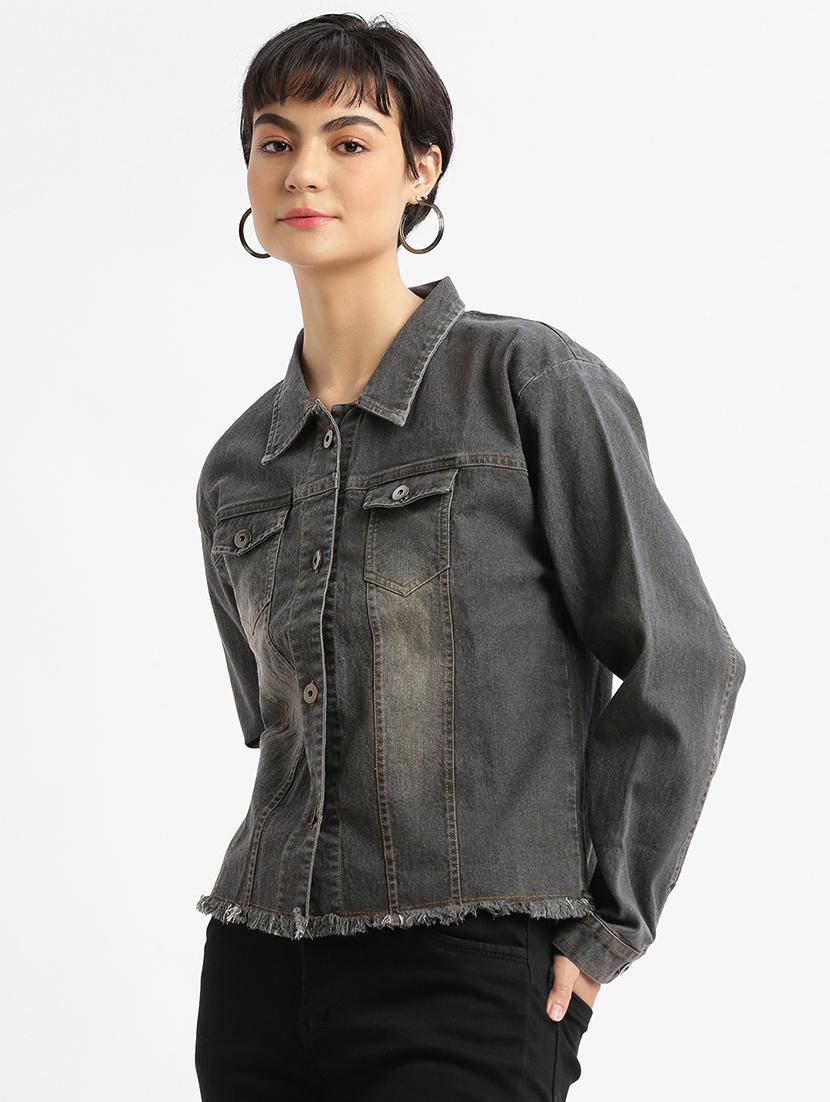 women grey denim solids jacket - 21387795 - Standard Image - 1