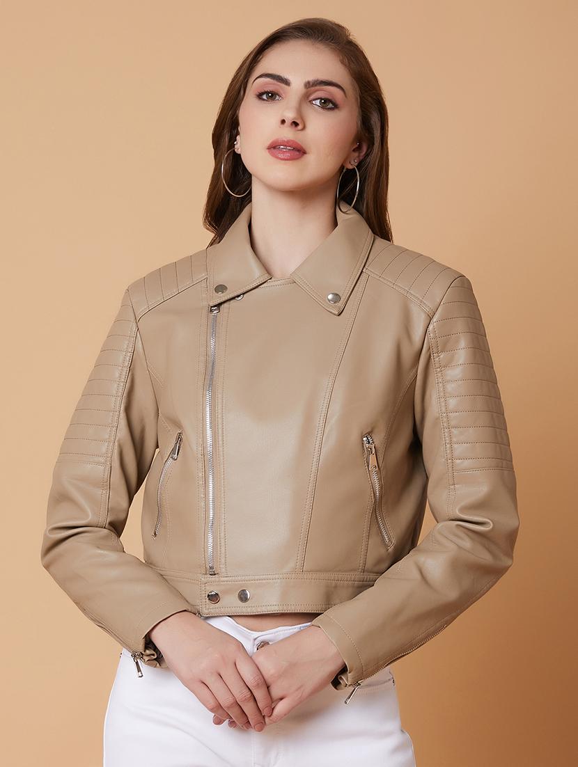 women beige solid biker jacket - 21387796 - Zoom Image - 0