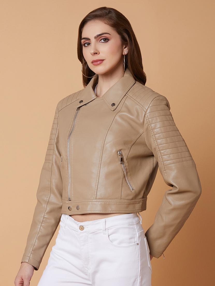 women beige solid biker jacket - 21387796 -  Standard Image - 1