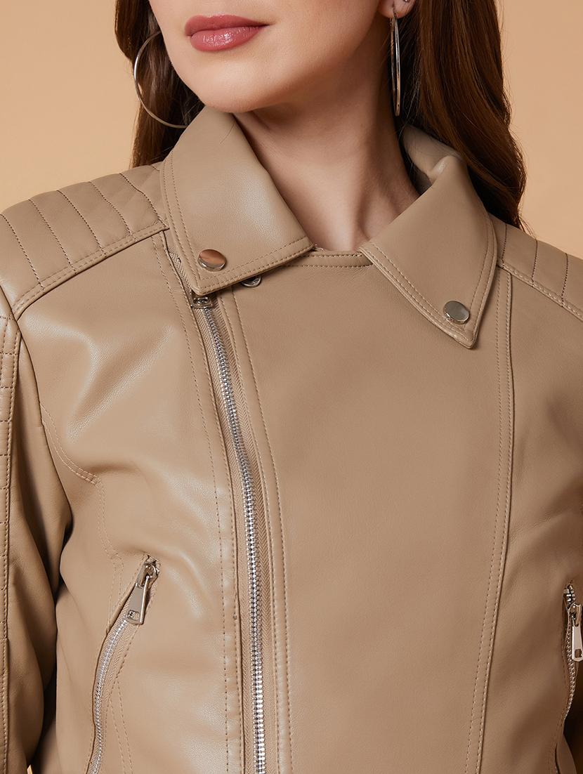 women beige solid biker jacket - 21387796 - Standard Image - 6