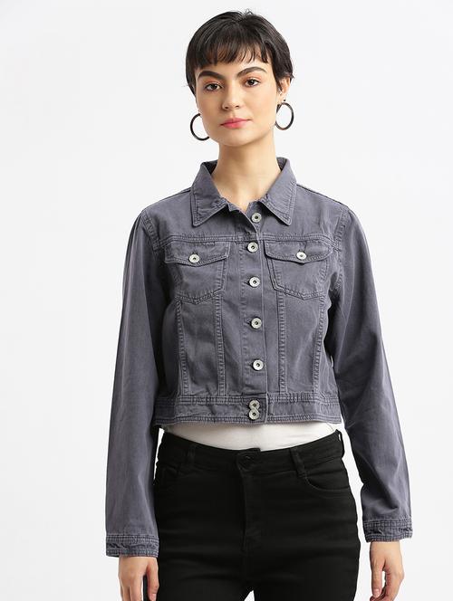 women charcoal cotton denim jacket - 21387798 - Standard Image - 0