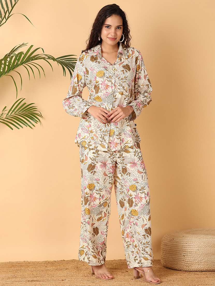 women off-white printed shirt and trouser co-ord set