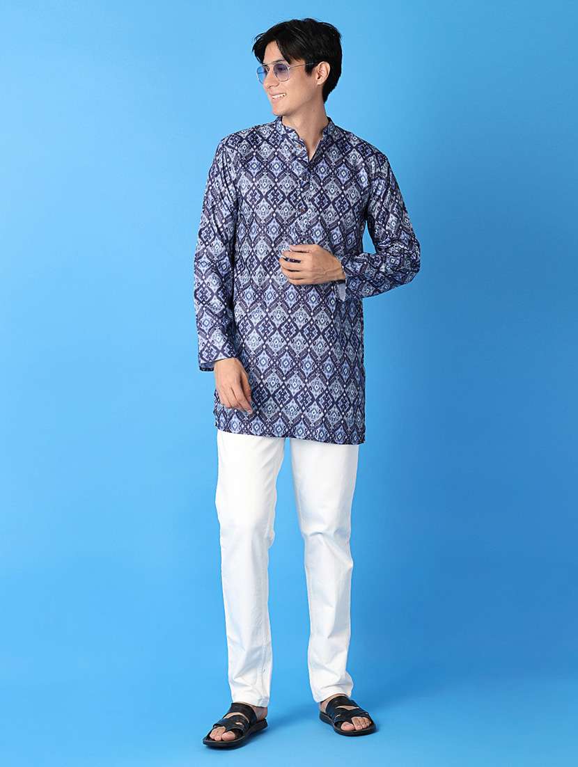 men ikat printed long sleeves short kurta - 21388076 -  Standard Image - 4