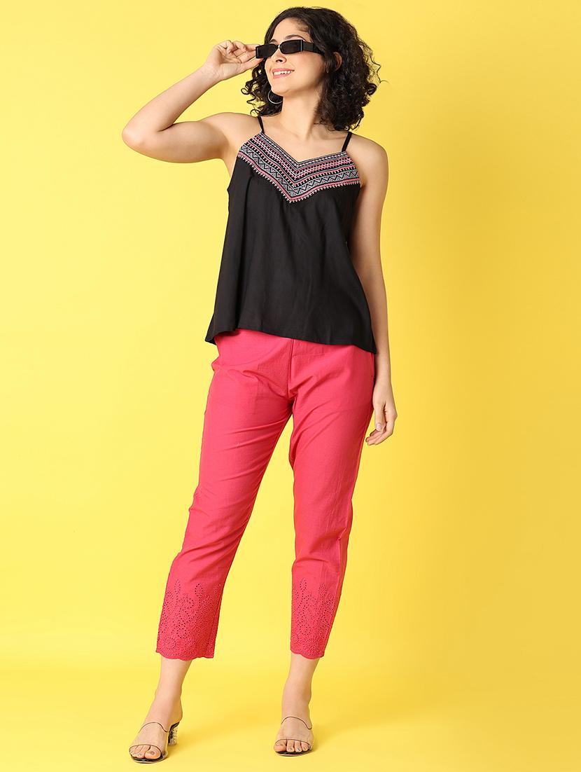 women black embroidered shoulder strap neck top - 21388078 - Standard Image - 4
