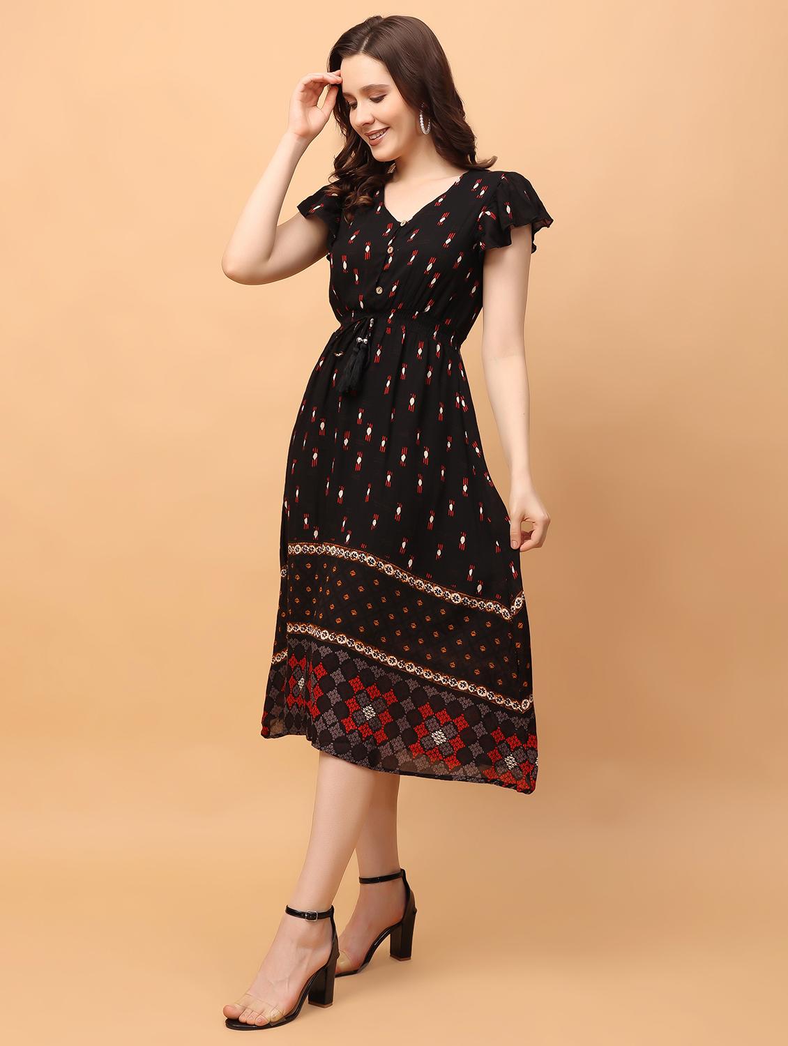 women black printed short sleeve a-line dress - 21389116 -  Zoom Image - 0