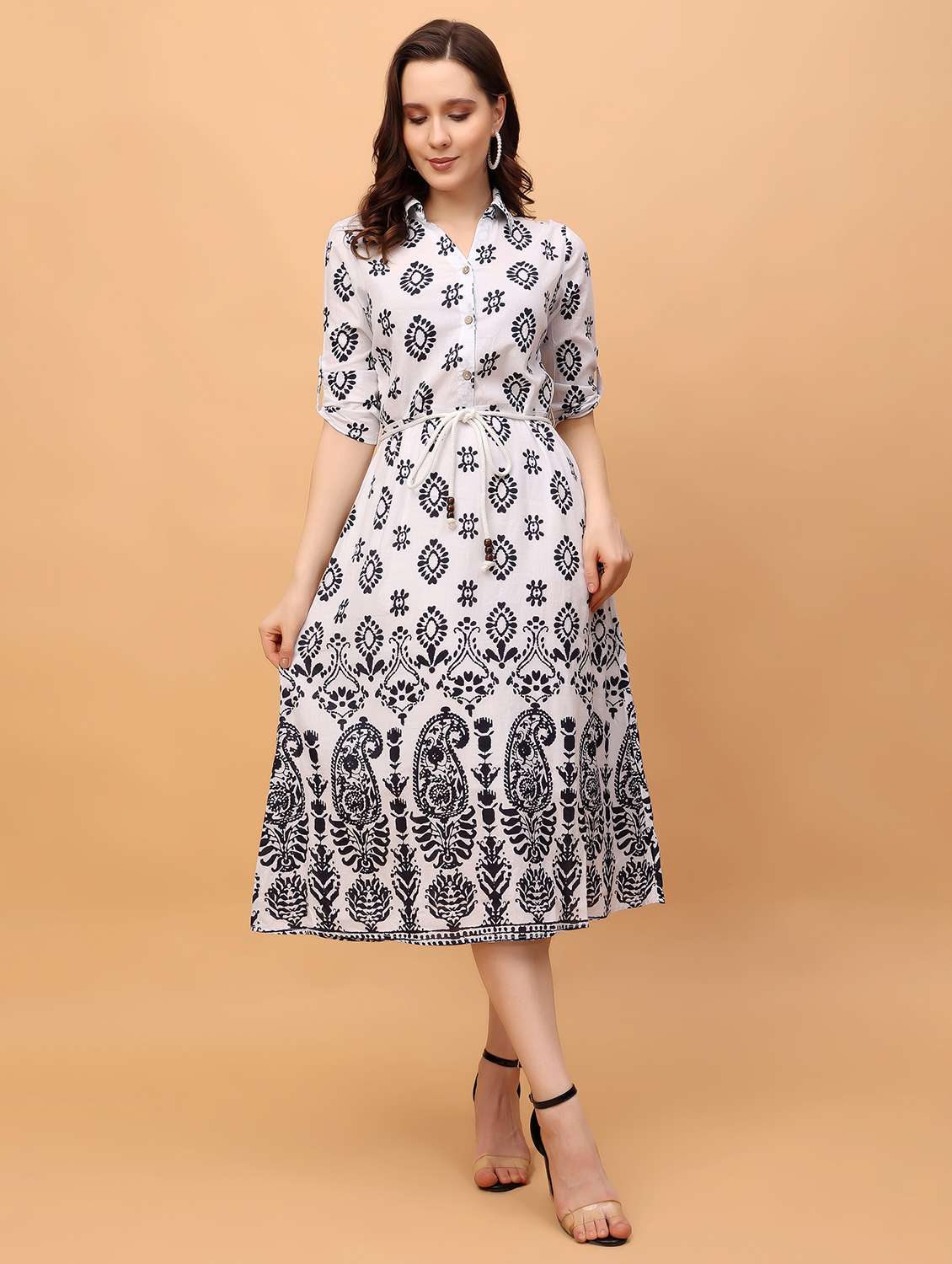 white printed fit & flare dress