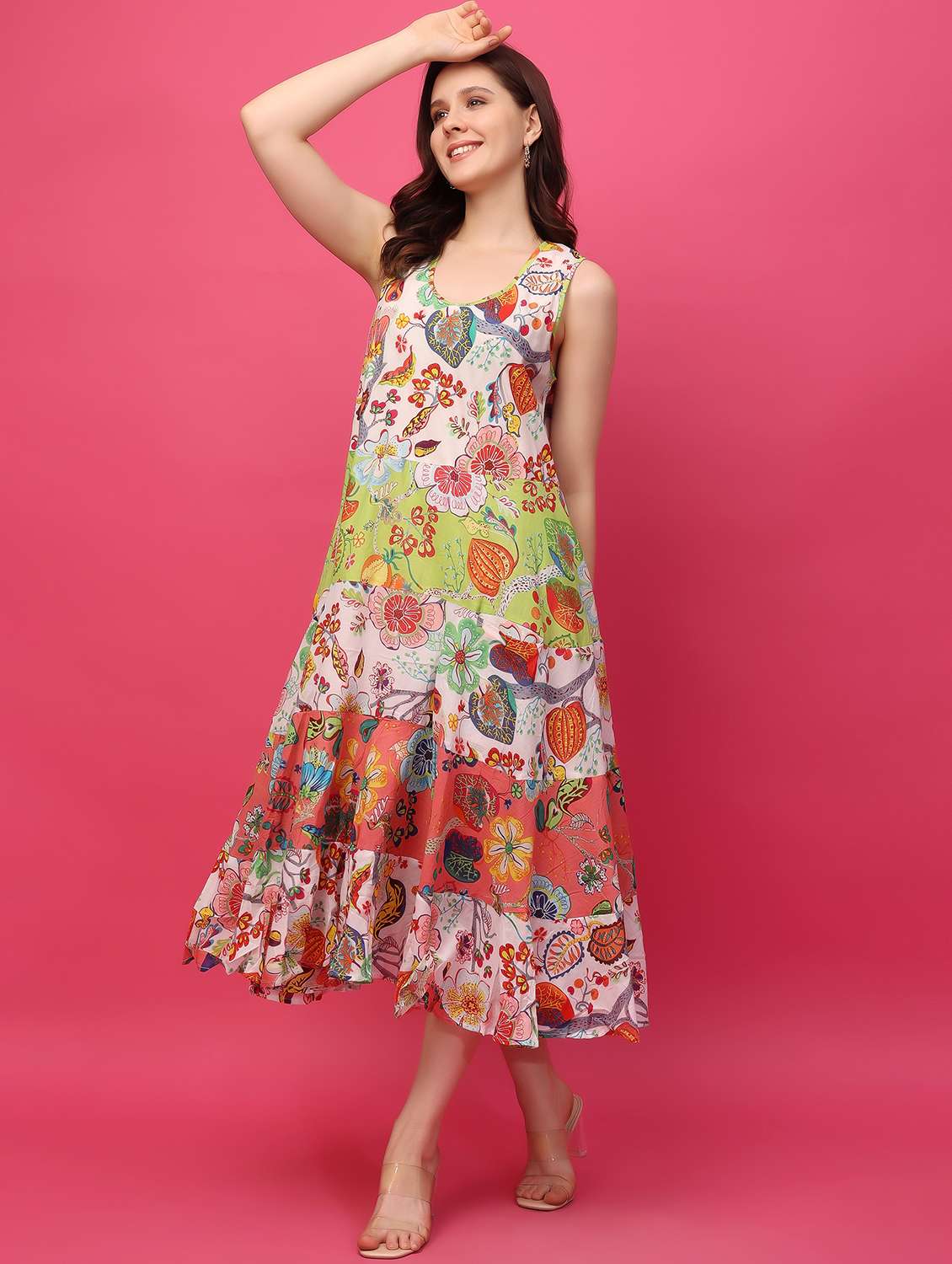 multi color floral cotton tiered dress
