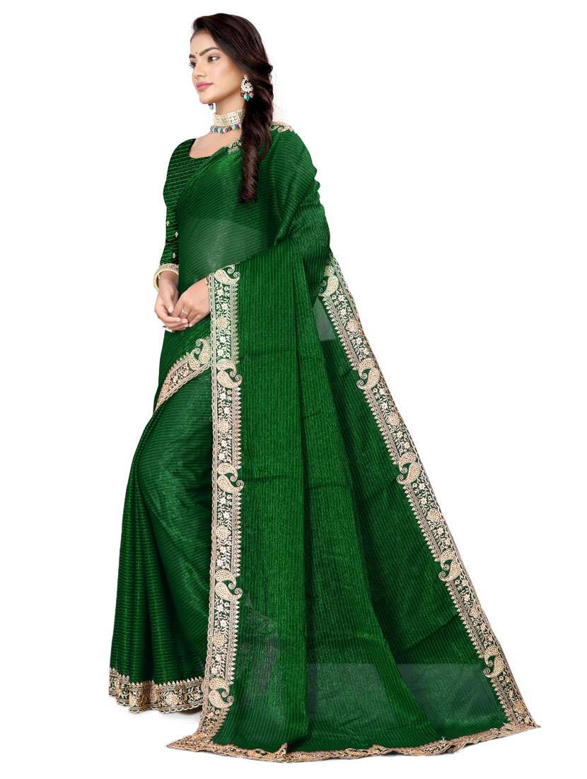 women green solid zari bordered saree with blouse - 21389151 - Standard Image - 1