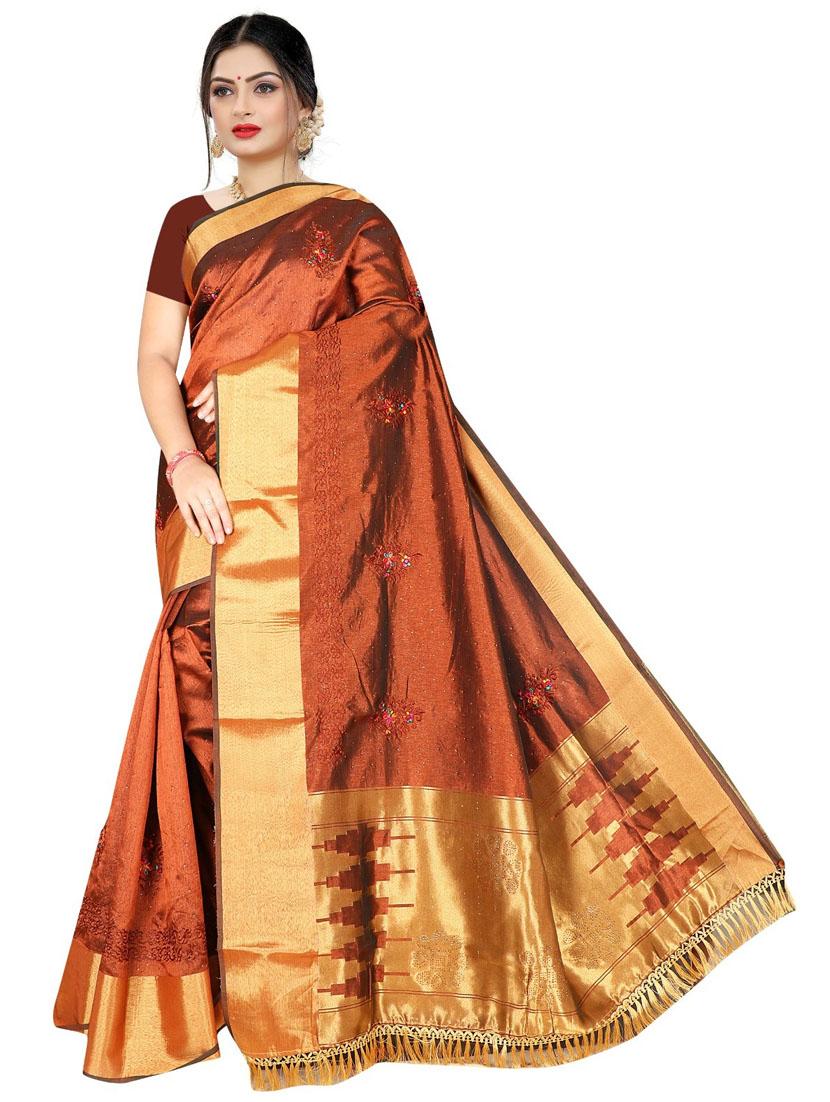 women orange embroidered saree with blouse - 21389152 - Zoom Image - 0
