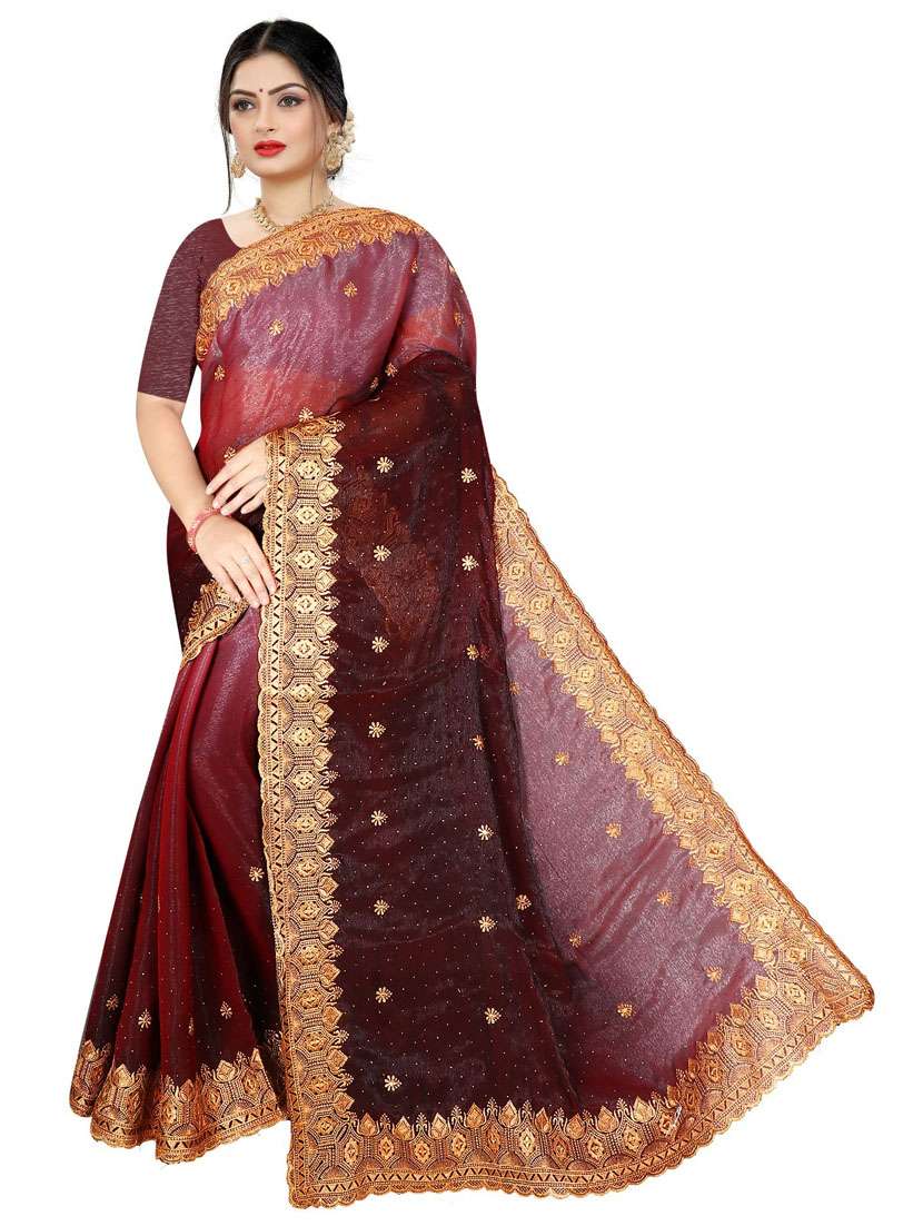 women maroon embroidered saree with blouse