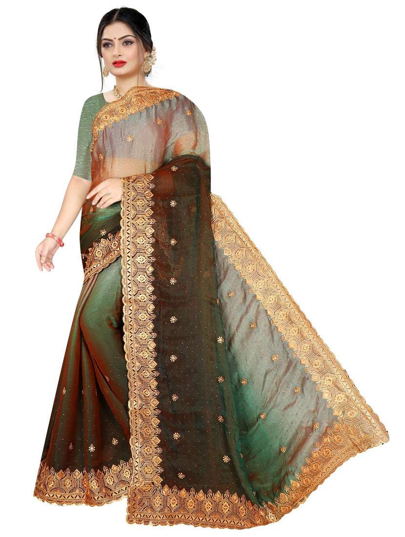 women green embroidered saree with blouse