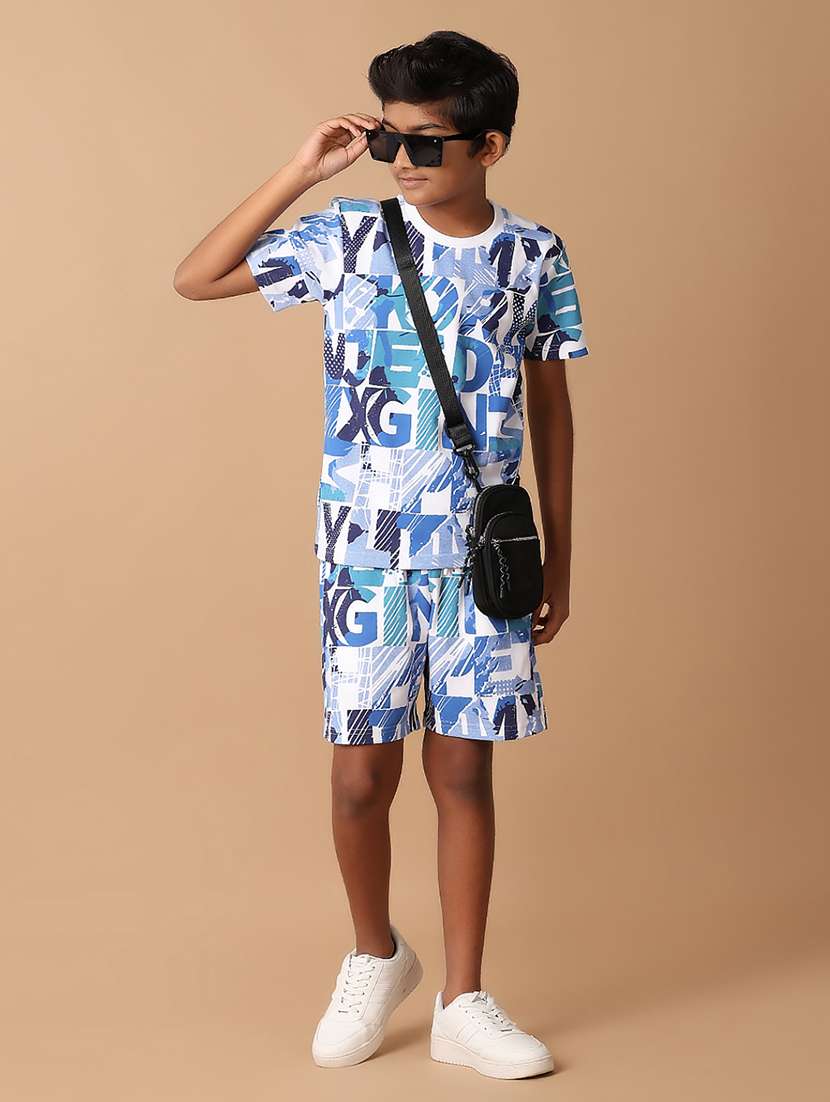 boys white typography print t-shirt and shorts - 21389656 -  Standard Image - 1