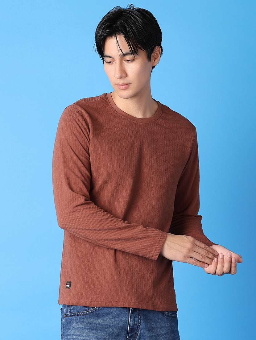 men brown self design long sleeve t-shirt - 21389817 - Standard Image - 1