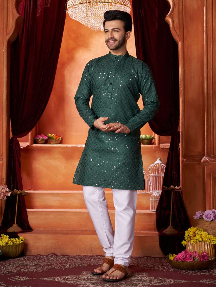 men mandarin neck embroidered long kurta - 21390699 - Standard Image - 1