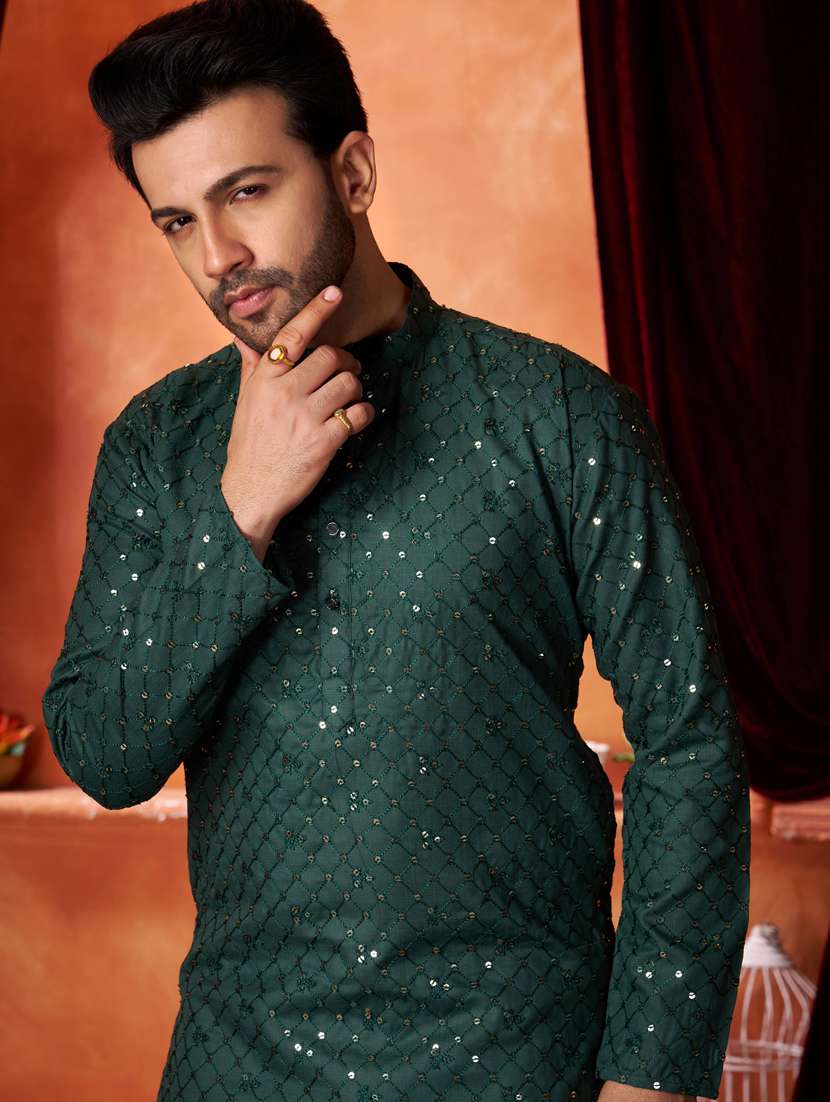 men mandarin neck embroidered long kurta - 21390699 - Standard Image - 4