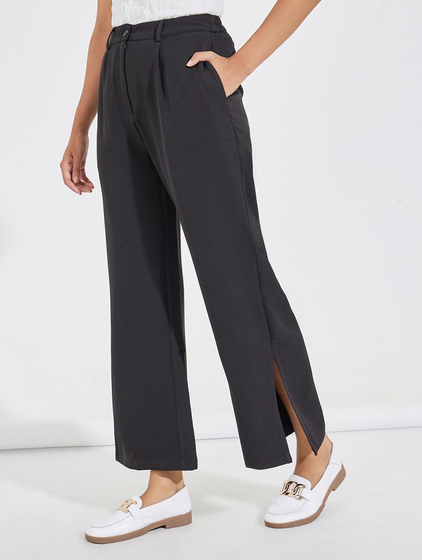 women black polyester wide leg trouser