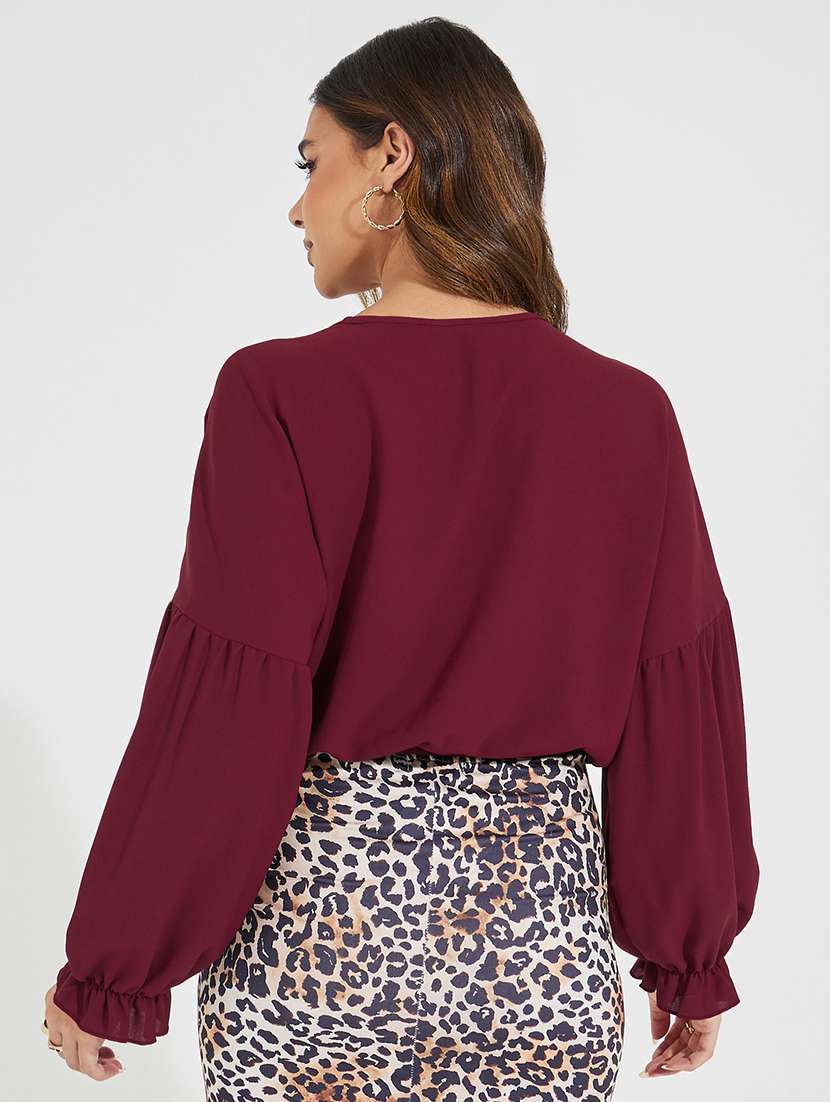 women solid burgundy polyester wrap top - 21390768 -  Standard Image - 1