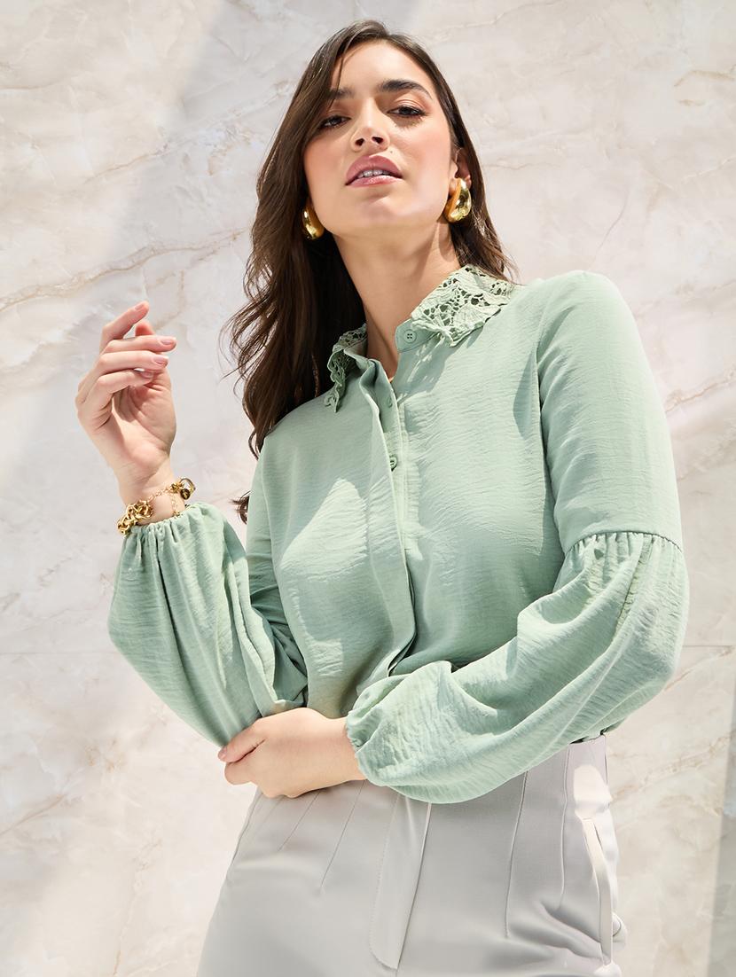 women casual lace frills bows and ruffles lace collar placket detail relaxed fit shirt - 21390822 - Zoom Image - 0
