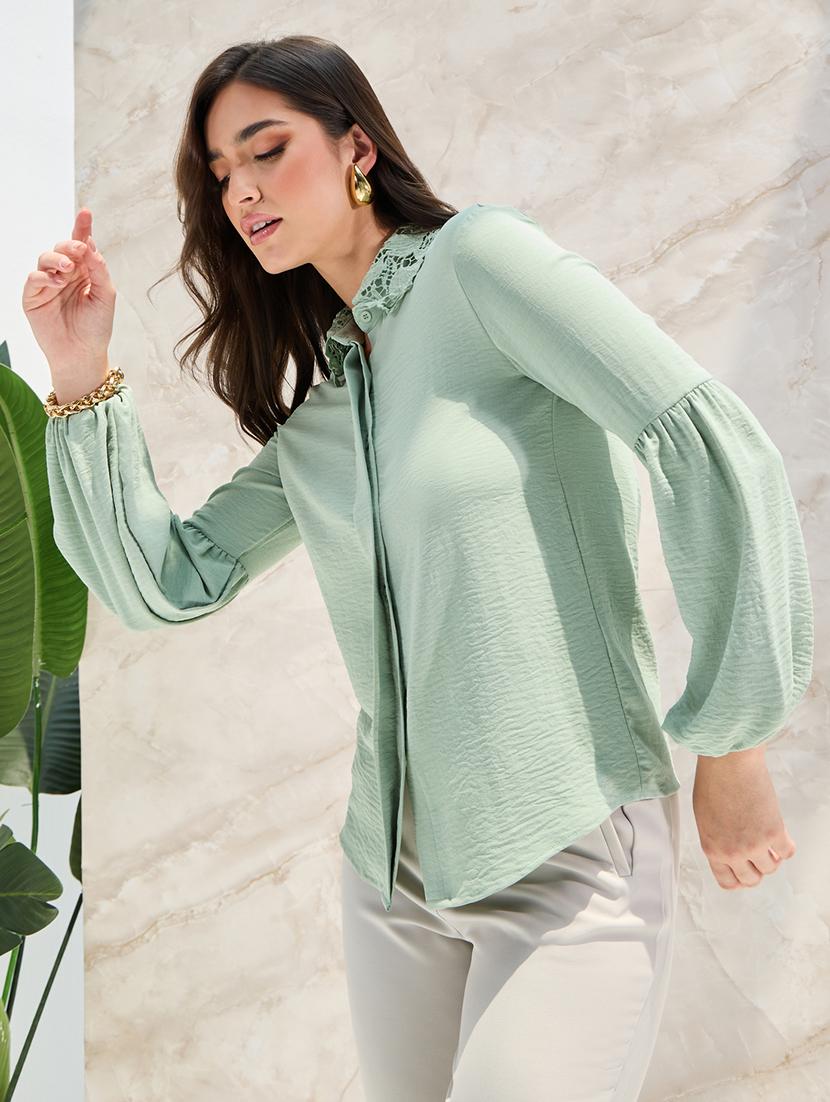 women casual lace frills bows and ruffles lace collar placket detail relaxed fit shirt - 21390822 -  Standard Image - 1