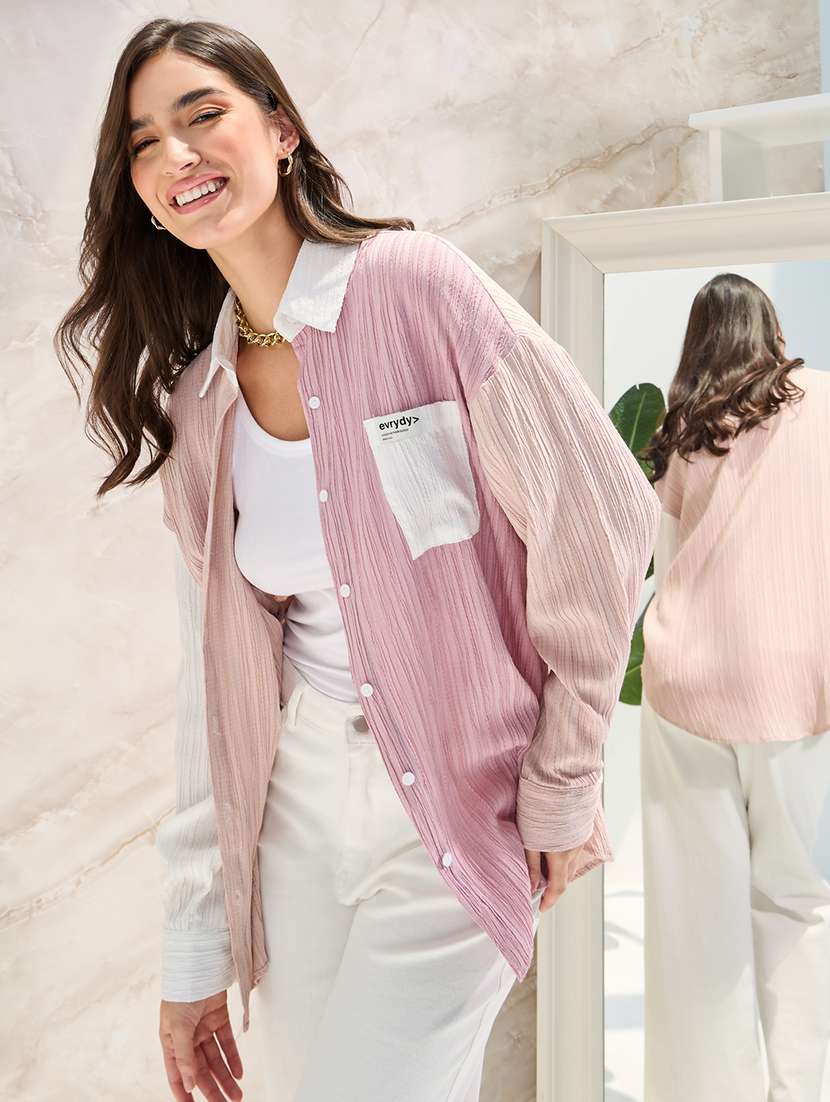 women casual colourblocked drop shoulder textured oversized fit shirt - 21390823 -  Standard Image - 1