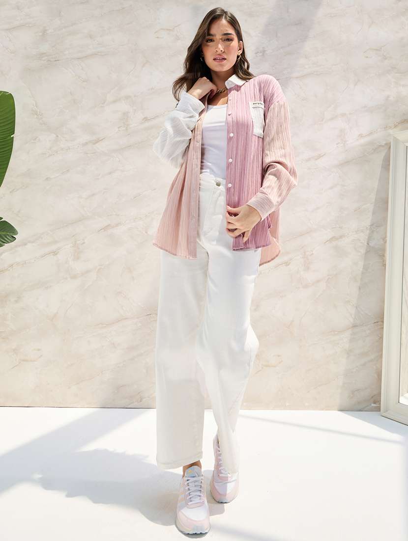 women casual colourblocked drop shoulder textured oversized fit shirt - 21390823 -  Standard Image - 4