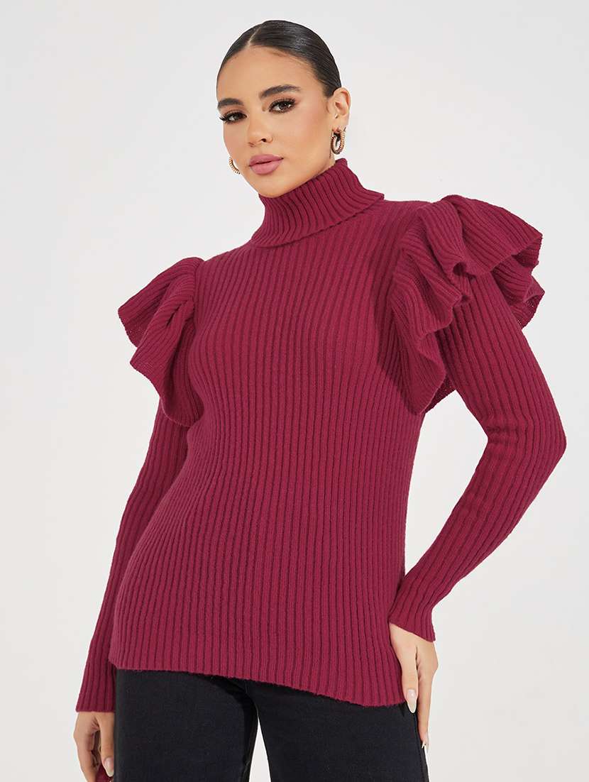 women pink solid turtle neck pullover