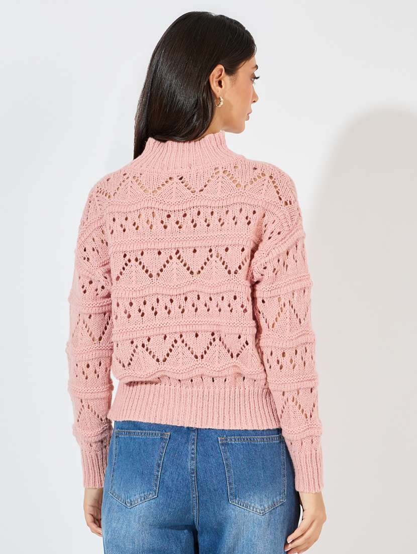 women pink self design turtle neck pullover - 21390828 - Standard Image - 1